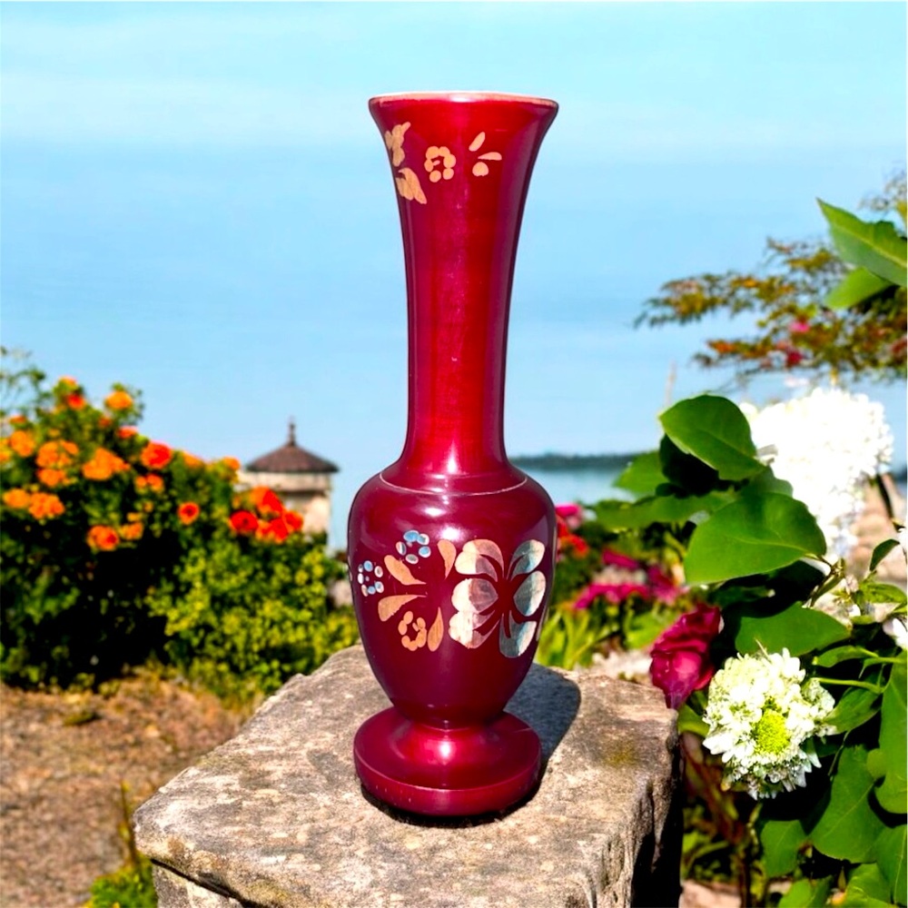 VTG Hand Turned Soft Red Wood Vase with Carved Floral Design